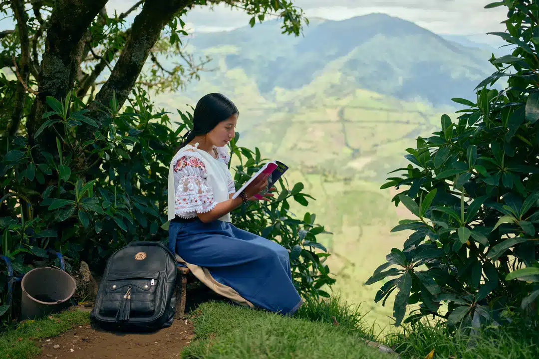 A Young Woman In Traditional Clothing Sits On A Bench Outdoors, Reading A Book With A Scenic View Of Mountains And Valleys In The Background.