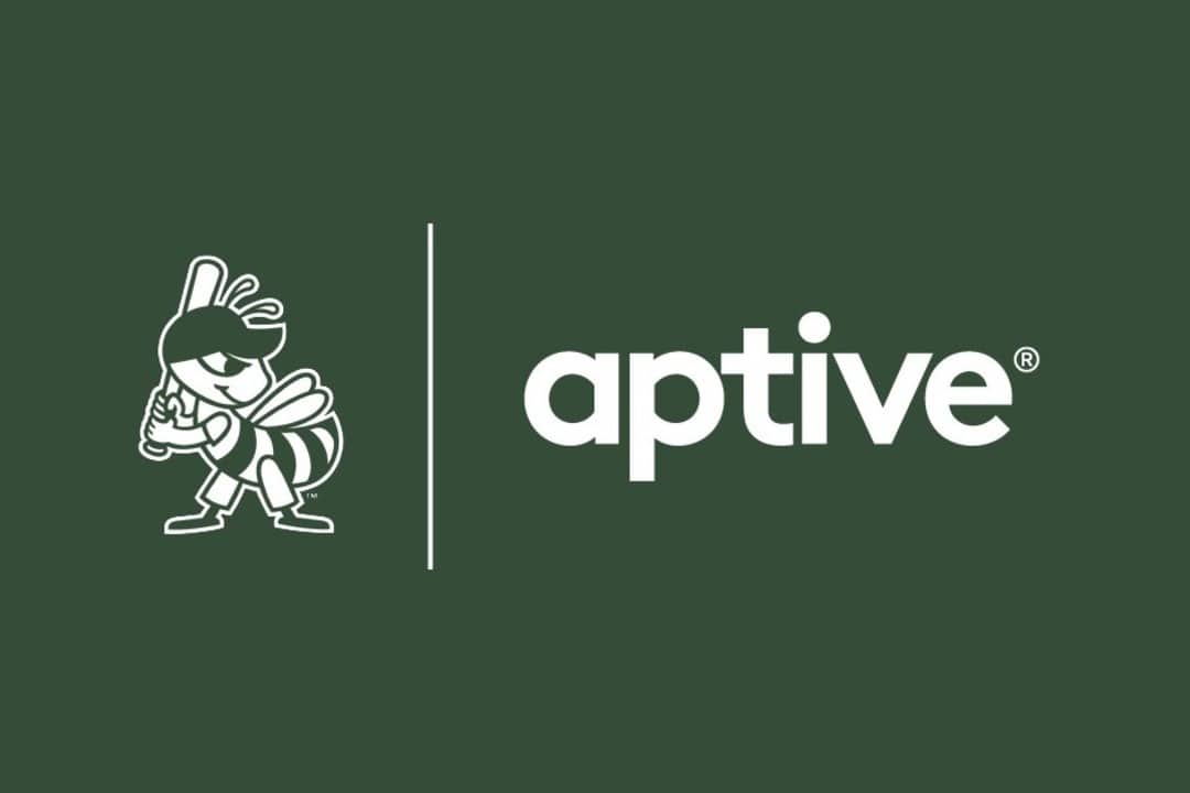 Logo representing the partnership between Salt Lake Bees and Aptive Pest Control for the baseball season, featuring the Salt Lake Bees mascot and the Aptive logo on a green background.