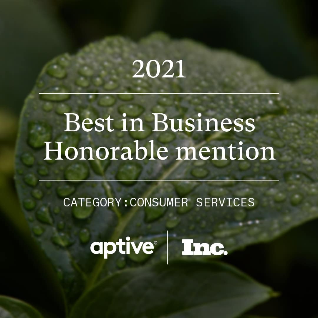 2021 Best in Business Honorable Mention award in the Consumer Services category with Aptive Environmental and Inc. logos.