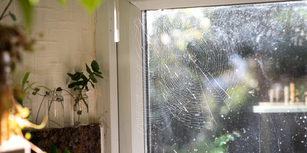 A Spider Web Covering The Inside Of A Window With Sunlight Streaming In, Plants On A Windowsill, And A Blurred View Outside.