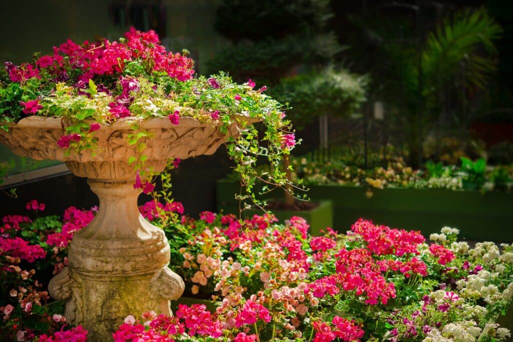 A Beautiful Stone Planter Overflowing With Vibrant Pink And Green Flowers, Surrounded By A Well-Maintained Garden Filled With More Colorful Blooms.