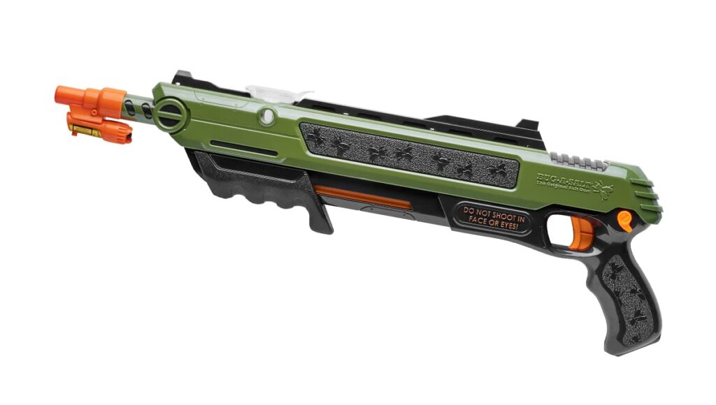 A Green Bug-A-Salt Gun Designed For Targeting Insects, With Black And Orange Accents, Displayed On A White Background.