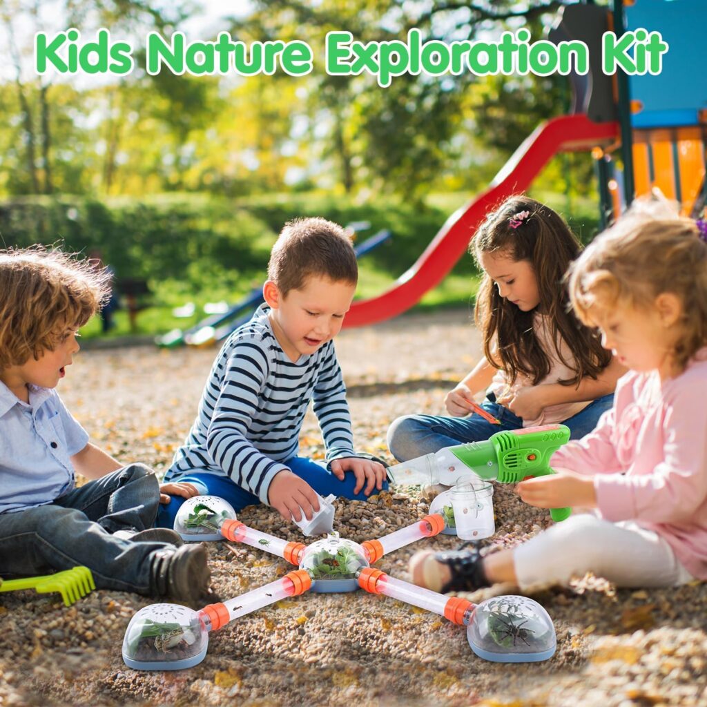 Four Children Sitting Outdoors In A Park, Exploring Bugs Using A Kids' Nature Exploration Kit With Transparent Chambers And A Bug Vacuum, Surrounded By A Playground.