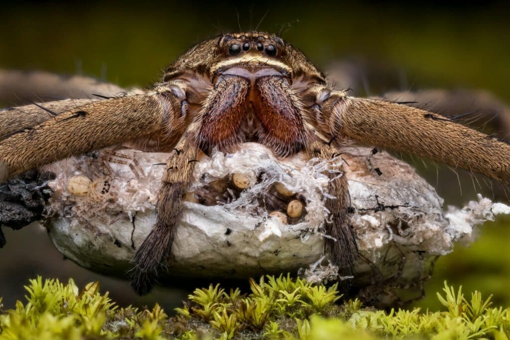 A Close-Up Image Of A Large Spider Guarding Its White Egg Sac With Spiderlings And Unhatched Eggs Inside, Resting On A Mossy Forest Floor.